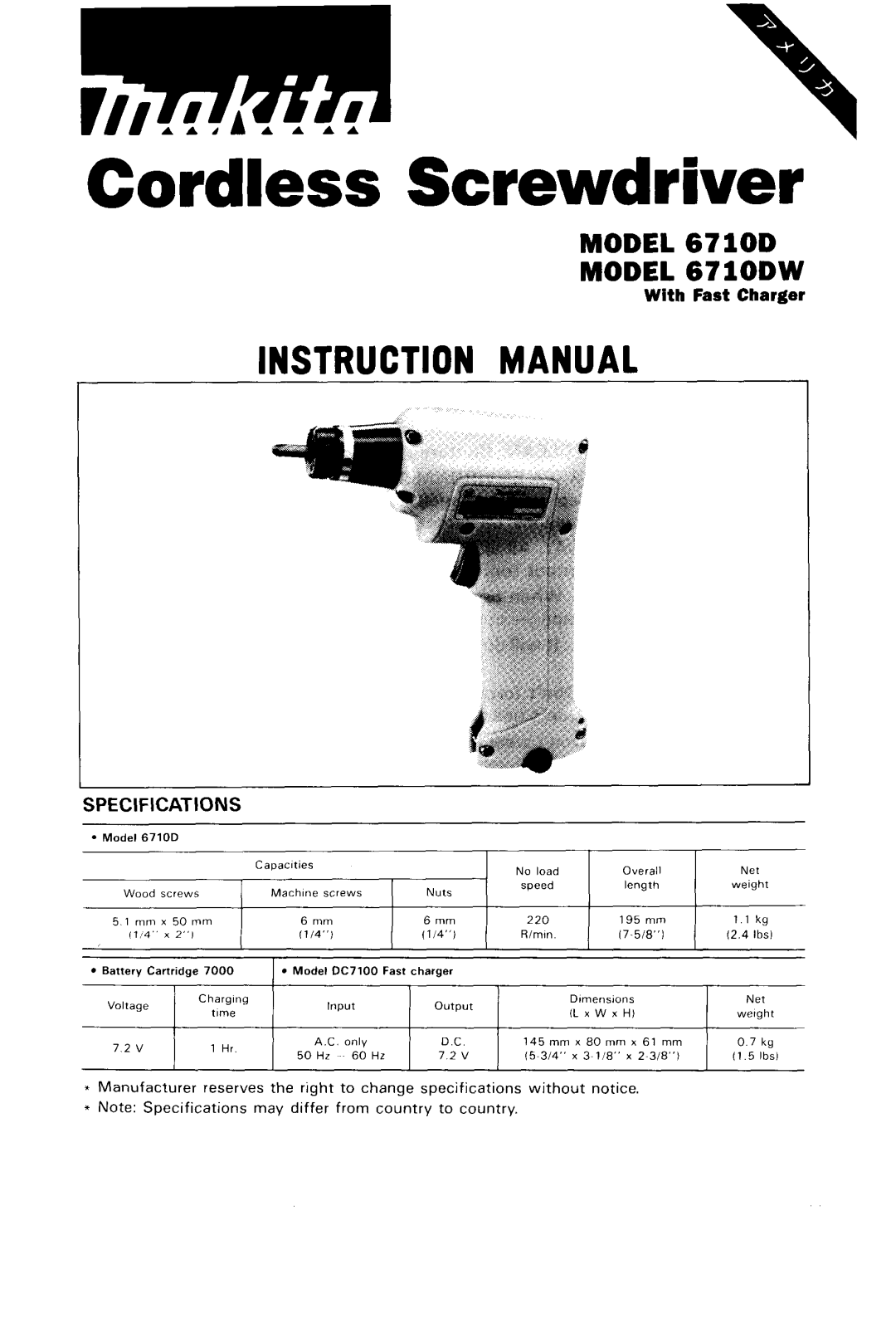 Makita 6710DW instruction manual Cordless Screwdriver 