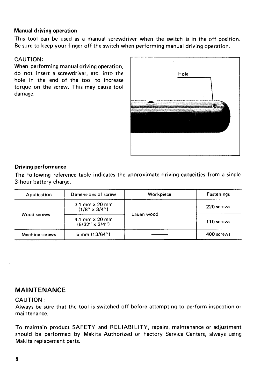 Makita 6720DW instruction manual Maintenance 