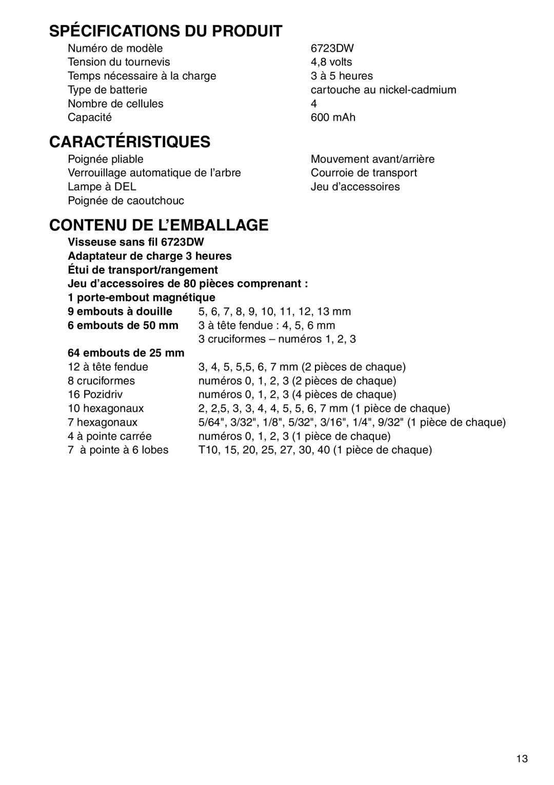 Makita 6723DW instruction manual Spécifications DU Produit, Caractéristiques, Contenu DE L’EMBALLAGE 