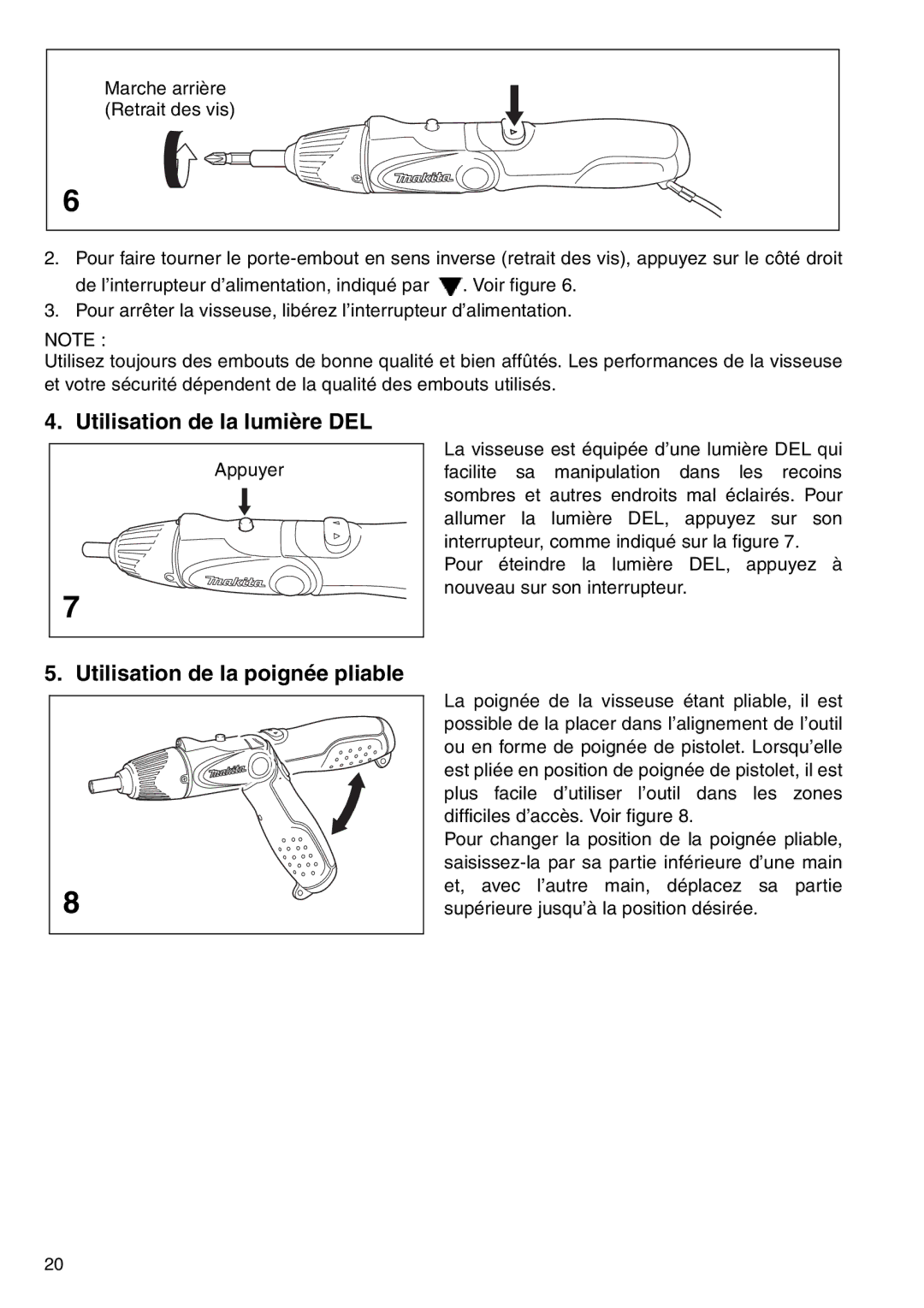 Makita 6723DW instruction manual Utilisation de la lumière DEL, Utilisation de la poignée pliable 