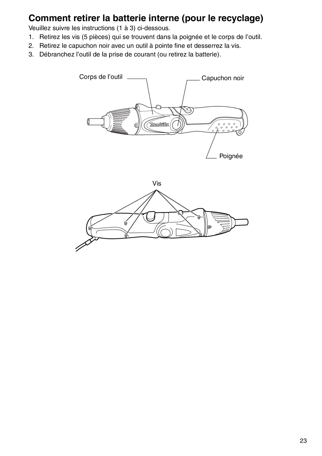 Makita 6723DW instruction manual Comment retirer la batterie interne pour le recyclage 
