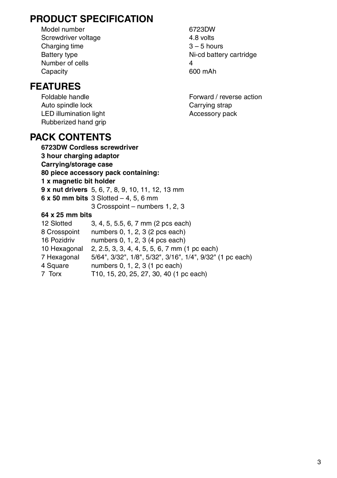 Makita 6723DW instruction manual Product Specification, Features, Pack Contents 