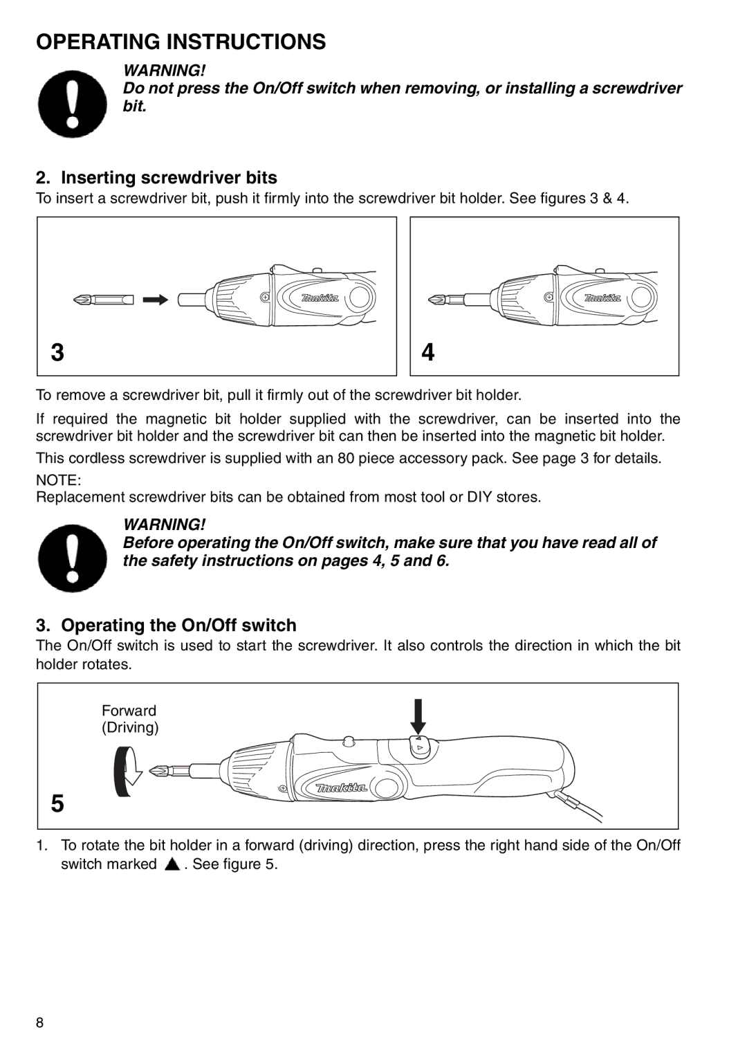 Makita 6723DW instruction manual Inserting screwdriver bits, Operating the On/Off switch 