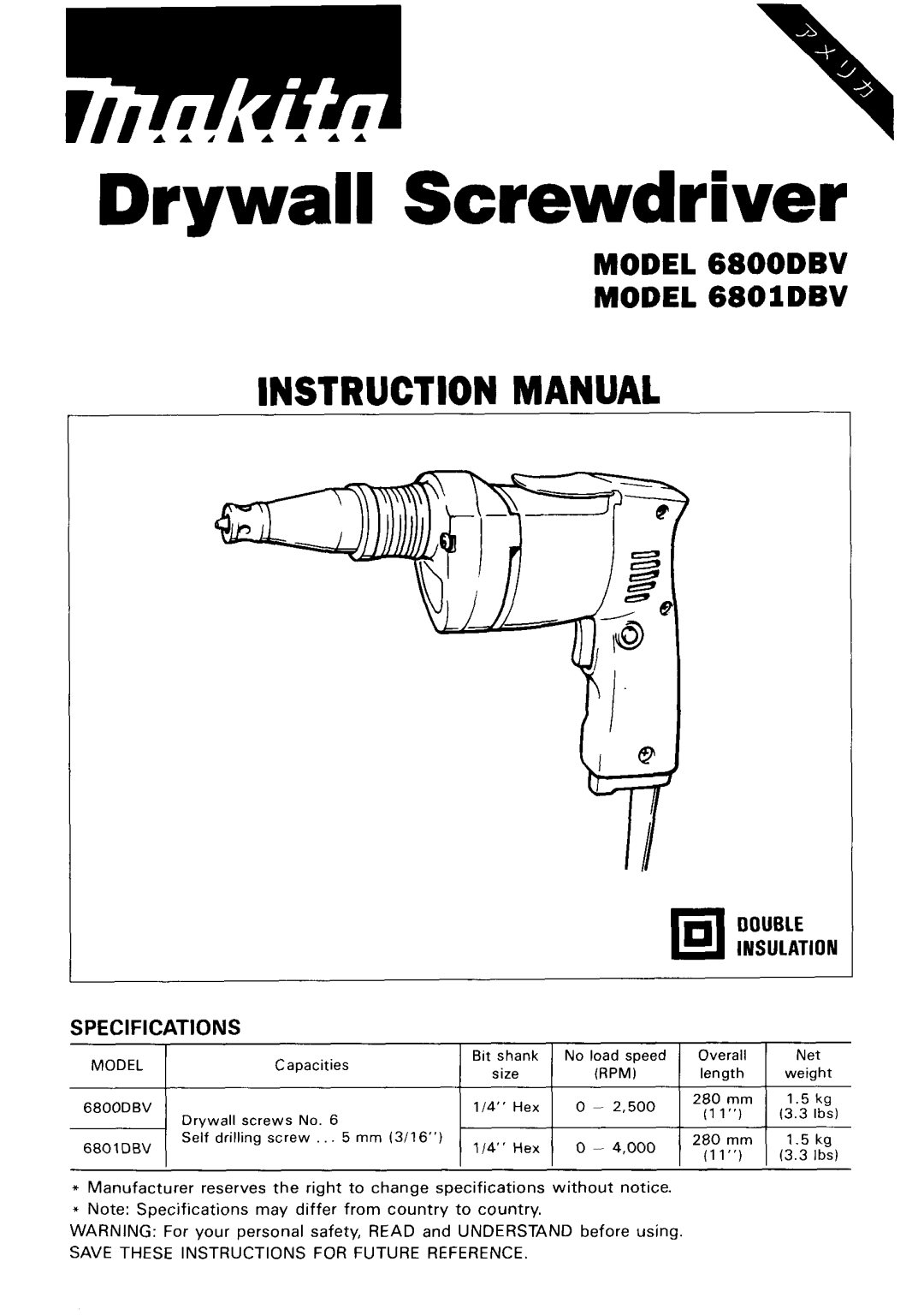 Makita 680LDBV, 6800DBV instruction manual Drywall Screwdriver 