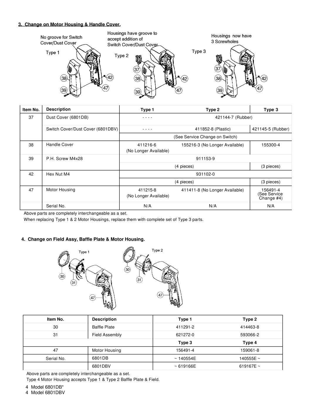 Makita 6801DBV manual Change on Motor Housing & Handle Cover, Change on Field Assy, Baffle Plate & Motor Housing 