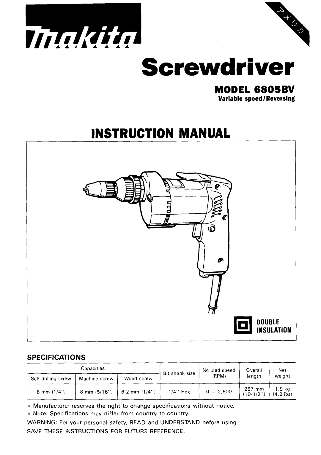 Makita 6805BV instruction manual Screwdriver 