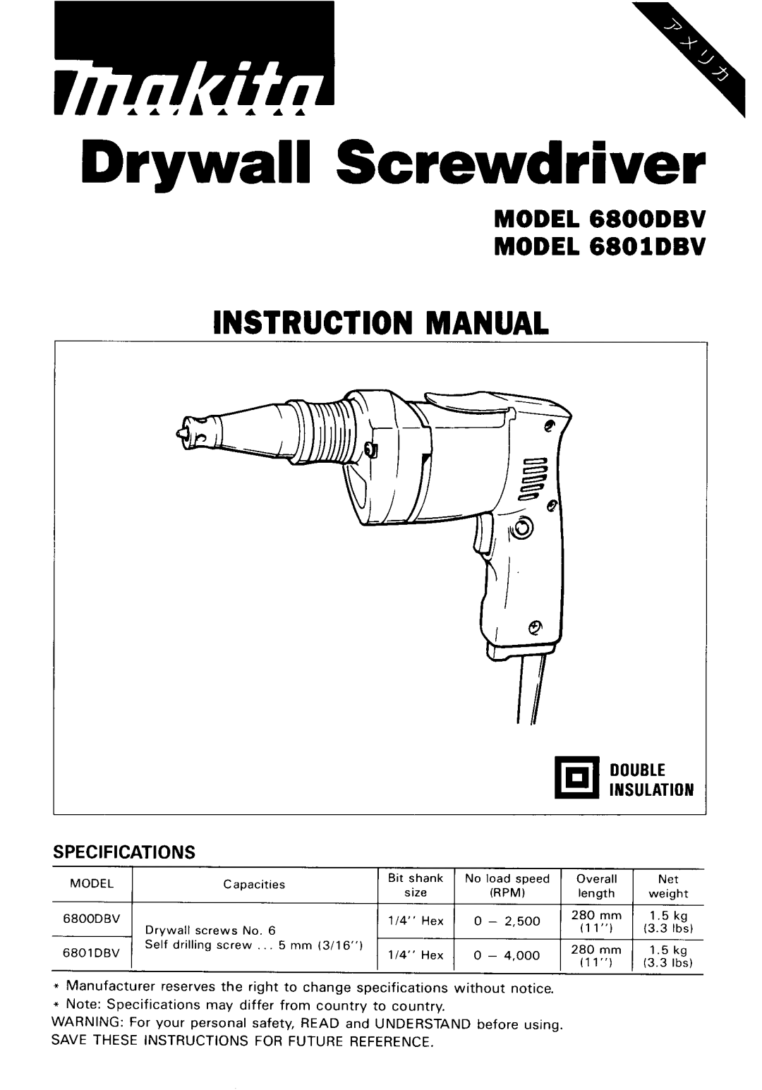 Makita 68OODBV instruction manual Drywall Screwdriver 