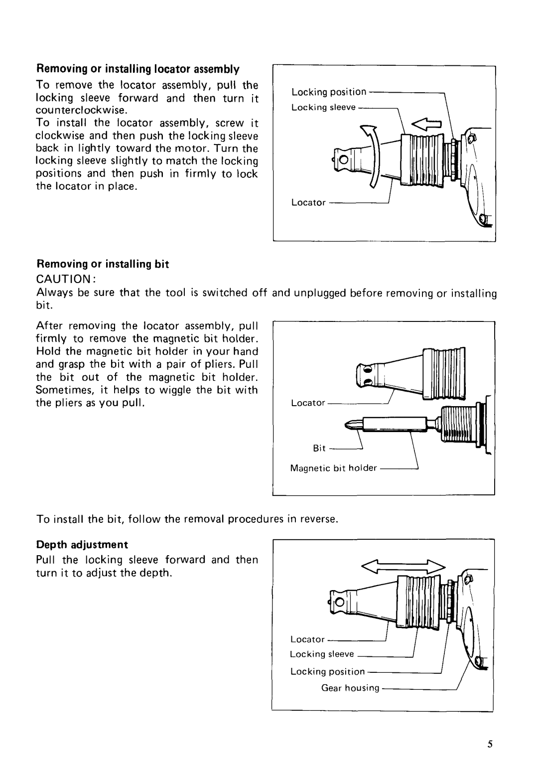 Makita 68OODBV instruction manual Removing or installing locator assembly, Removing or installing bit, Depth adjustment 