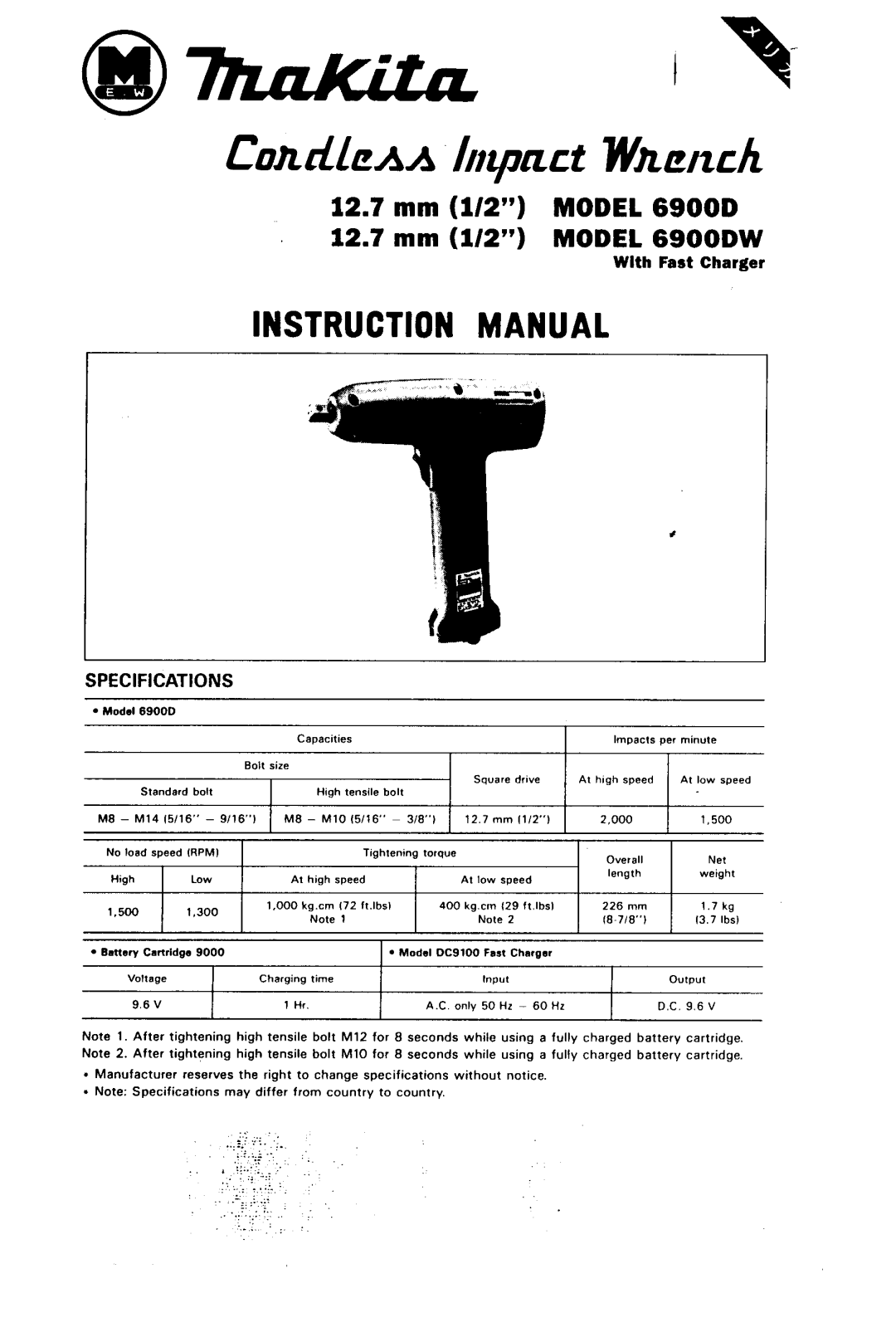 Makita 6900DW instruction manual 12.7 mm 1/2 Model 6900D 