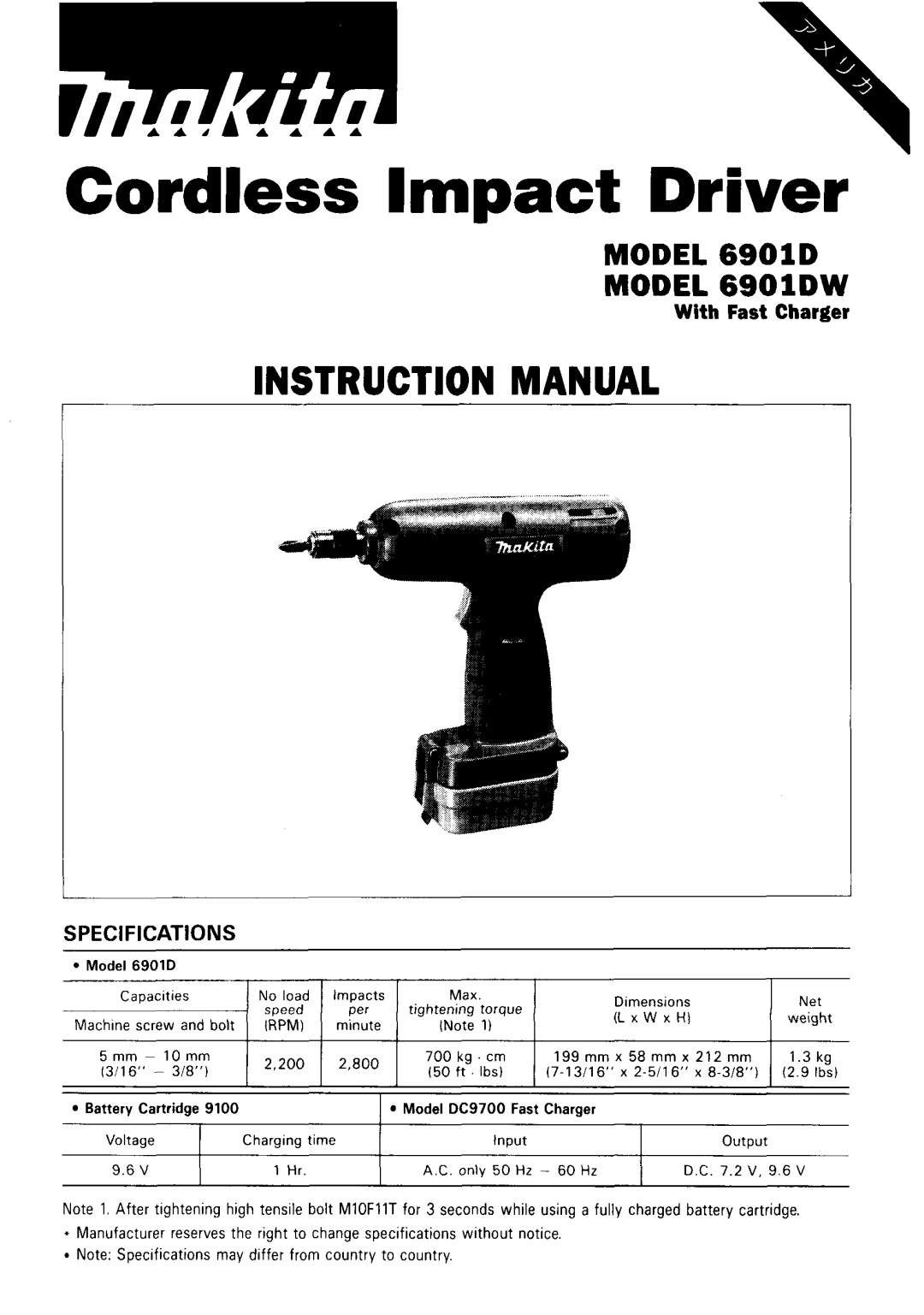 Makita 6901DW instruction manual Cordless Impact Driver 