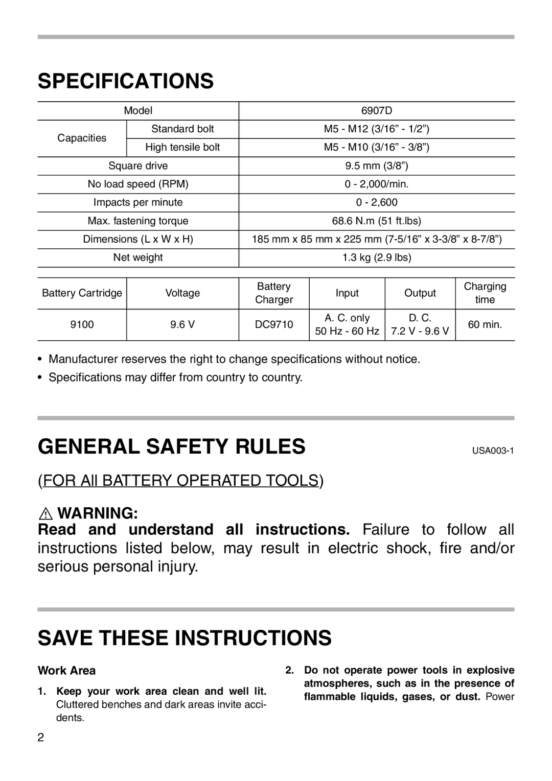 Makita 6907D instruction manual Specifications, General Safety Rules 