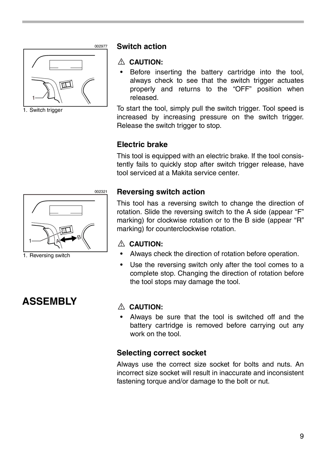 Makita 6907D instruction manual Assembly, Electric brake, Reversing switch action, Selecting correct socket 