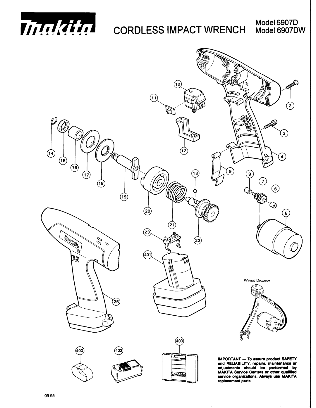 Makita manual Cordless Impact Wrench, Model 6907D, Mode1 6907DW, Important -TO amur@product Safety, 0995 