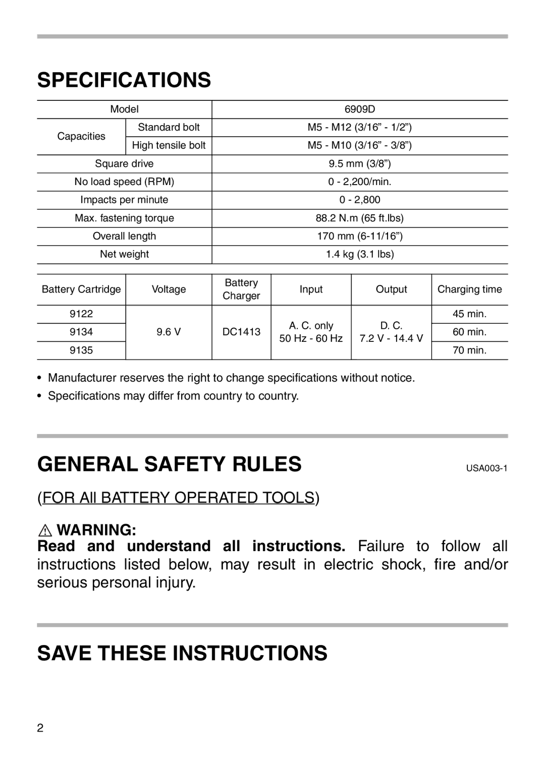 Makita 6909D instruction manual Specifications, General Safety Rules 