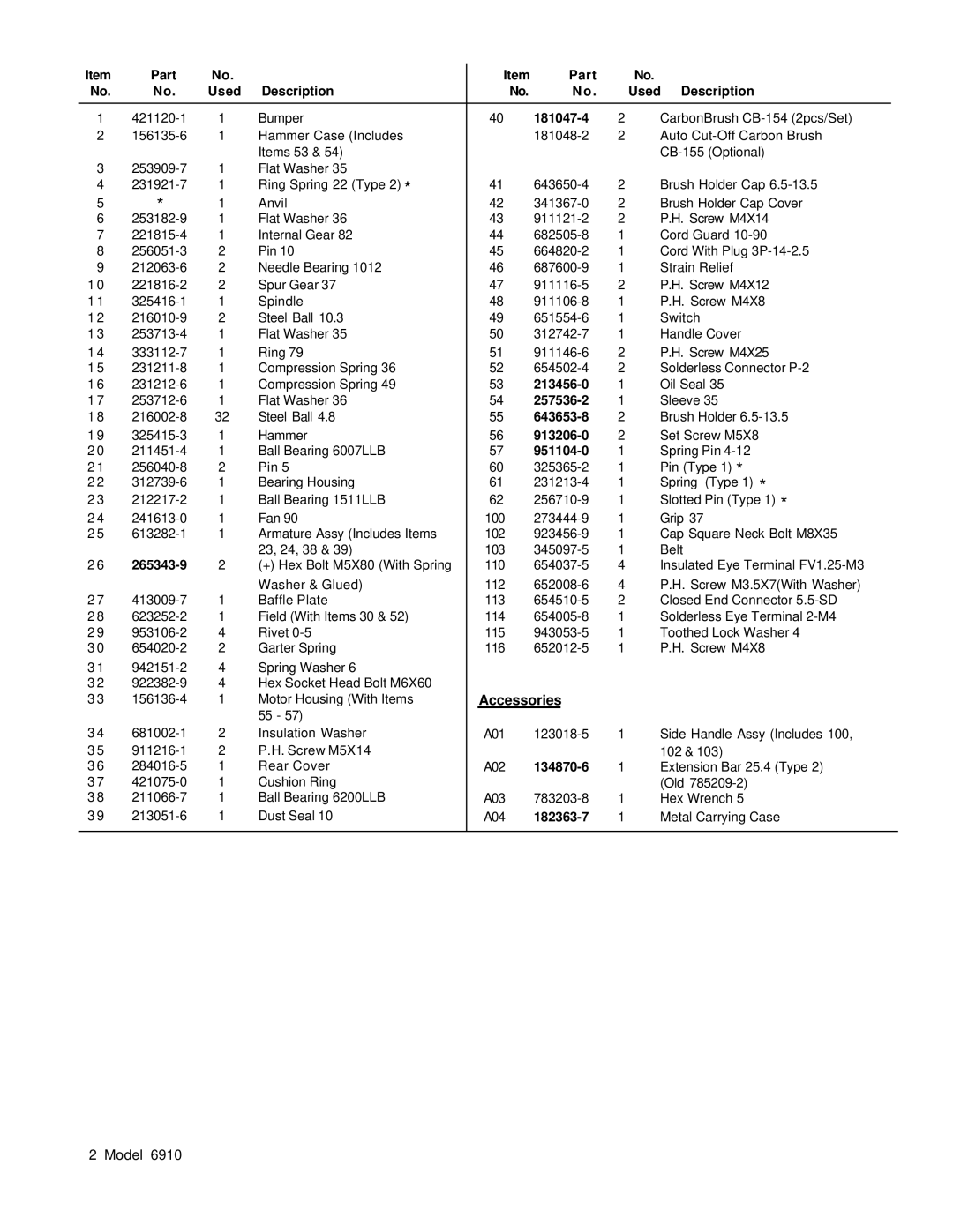 Makita 6910 manual Accessories 