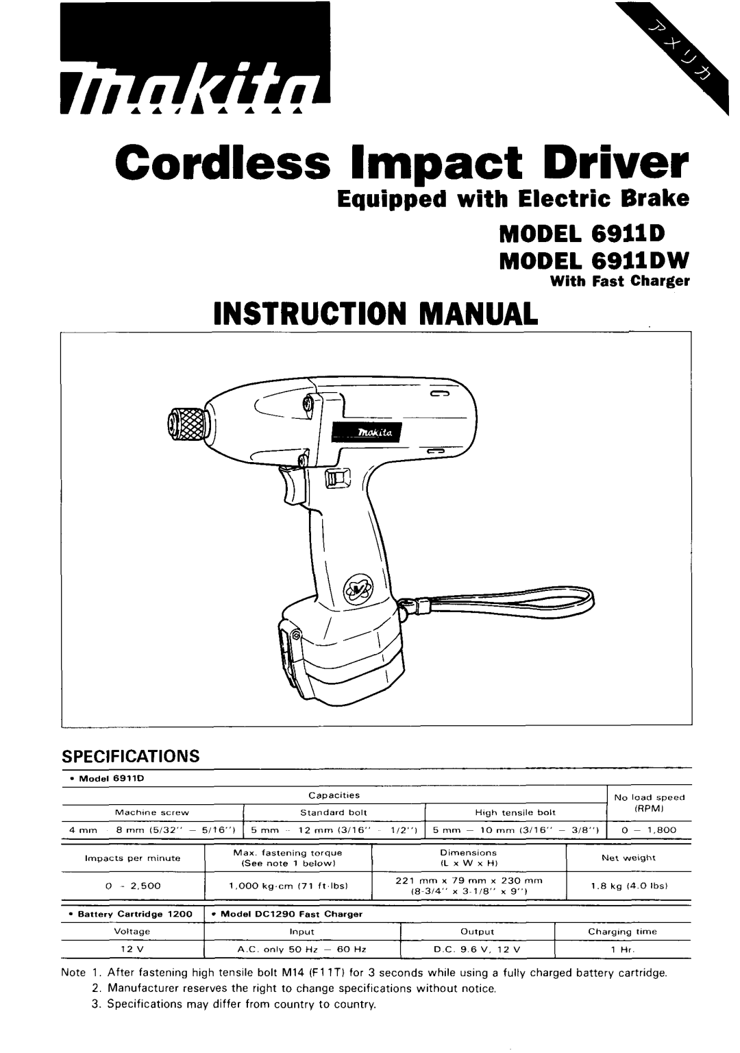 Makita 6911DW instruction manual Cordless Impact Driver 