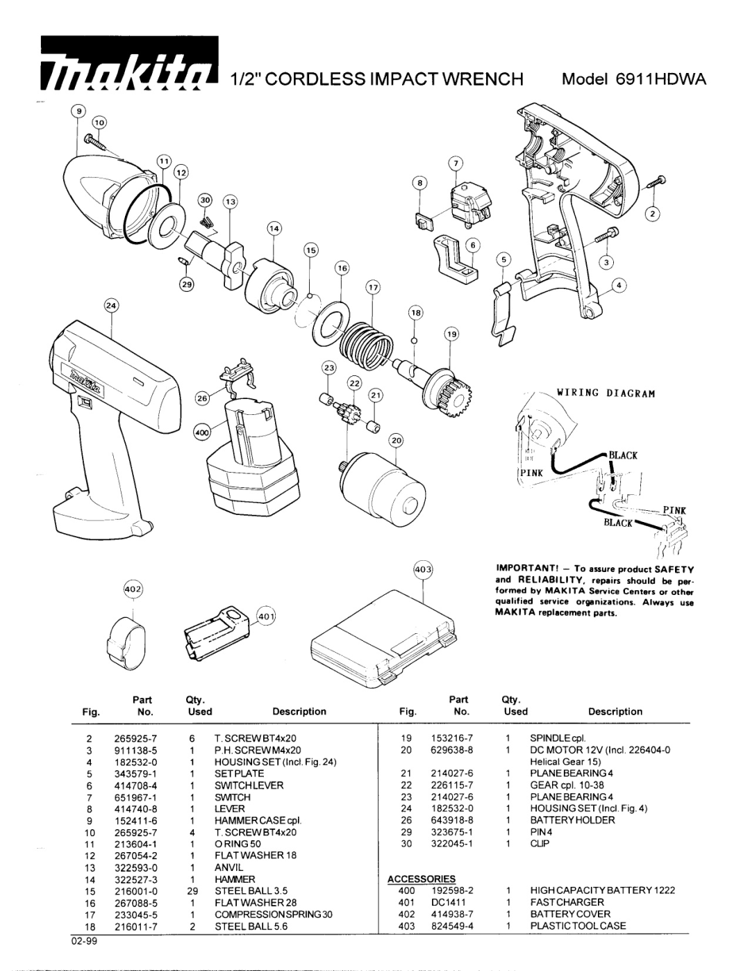 Makita manual 2CORDLESS Impact Wrench Model 6911HDWA, Wiring Diagram, Qtv, Accessories 