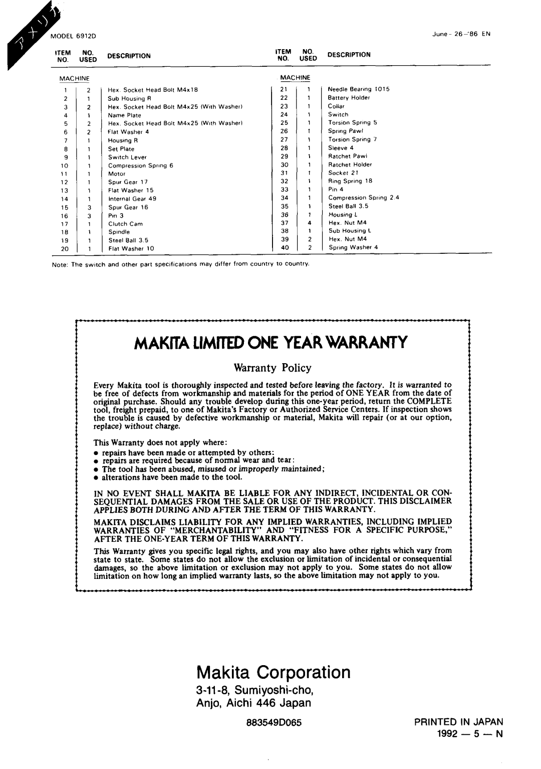 Makita 6912D specifications Makita Corporation 