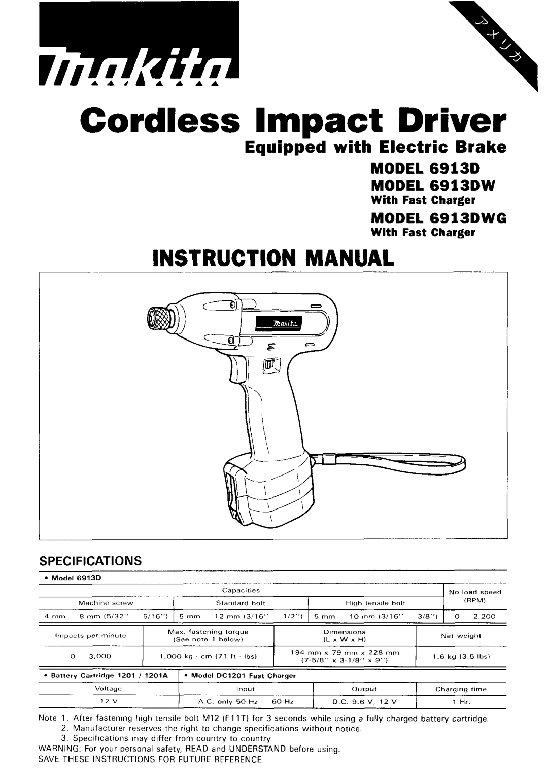 Makita 6913DWG instruction manual Cordless Impact Driver 