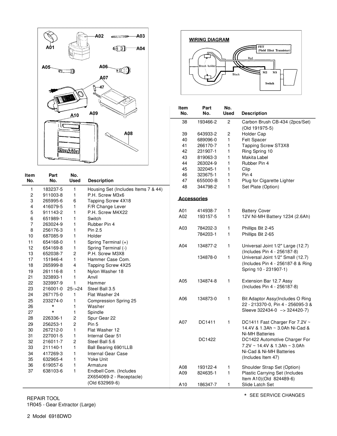 Makita 6918DWD manual Accessories, Description, Part 