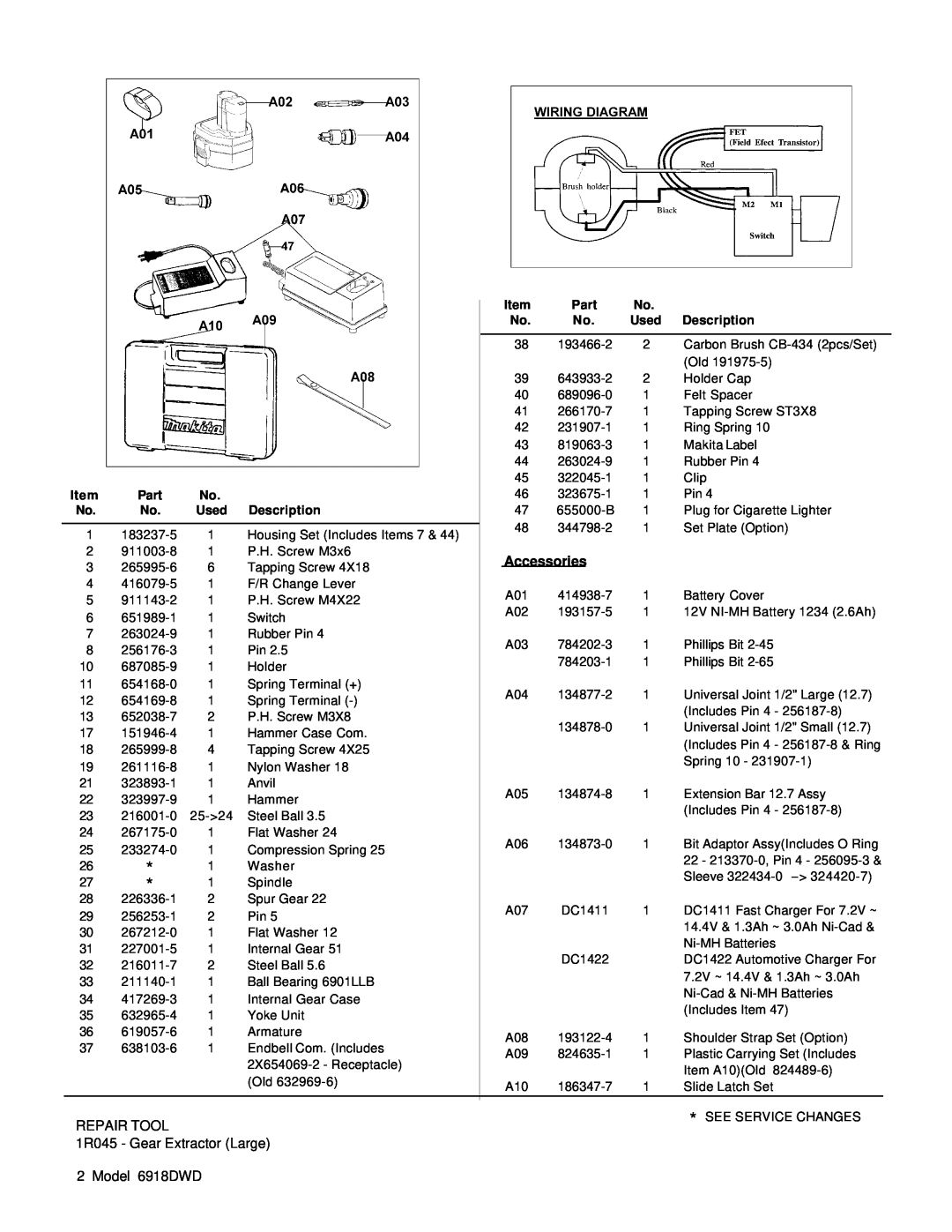 Makita manual Accessories, Repair Tool, 1R045 - Gear Extractor Large 2 Model 6918DWD, Description, Part 