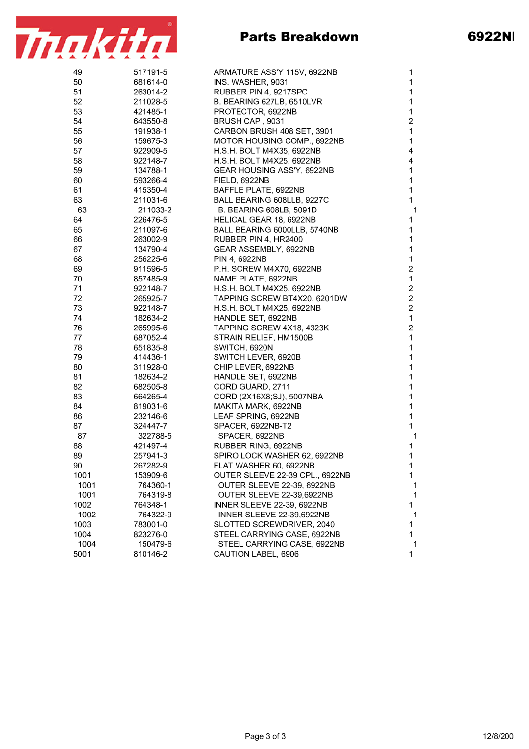 Makita manual Parts Breakdown 6922N 