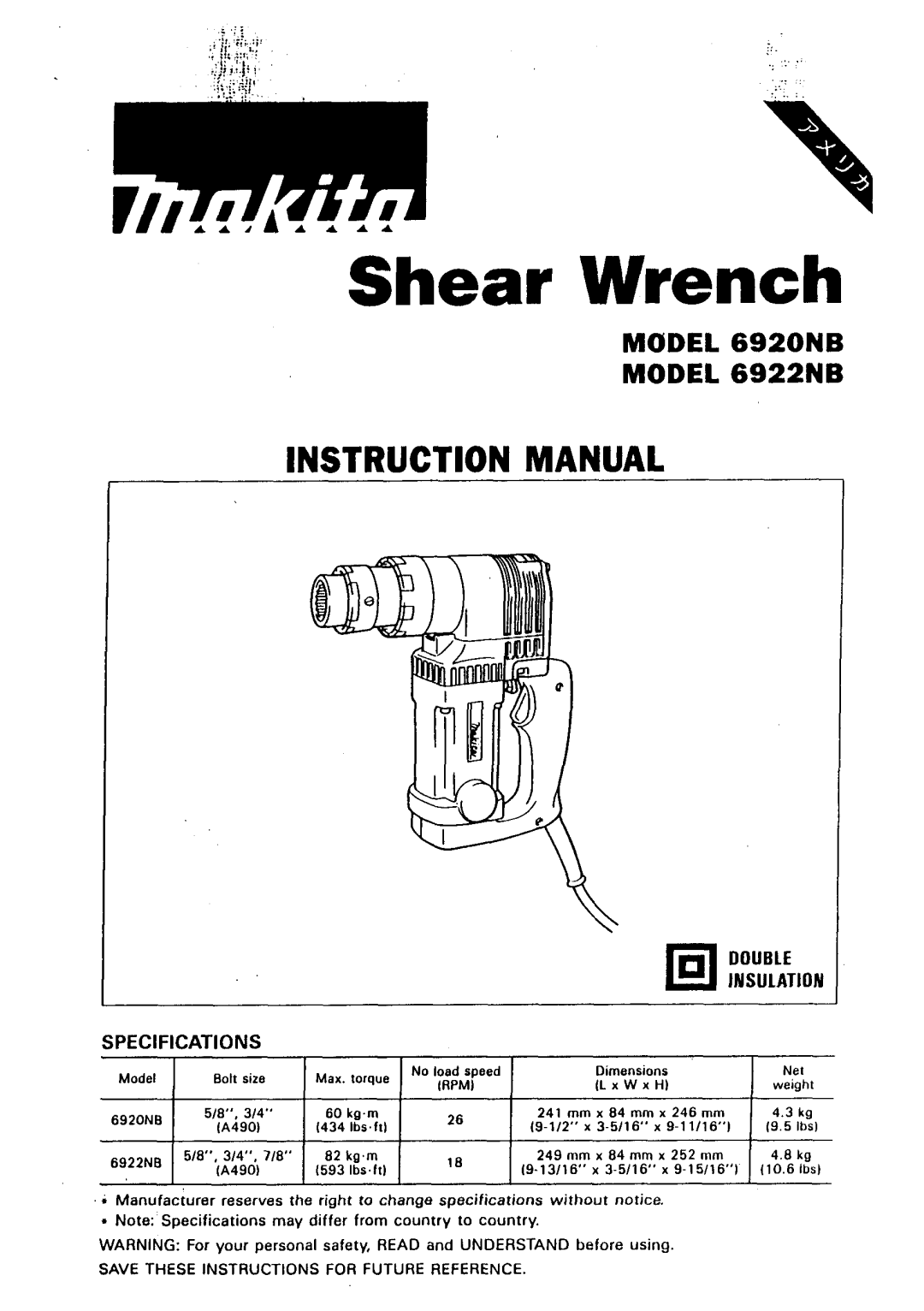 Makita 6920NB, 6922N8 instruction manual Shear Wrench 