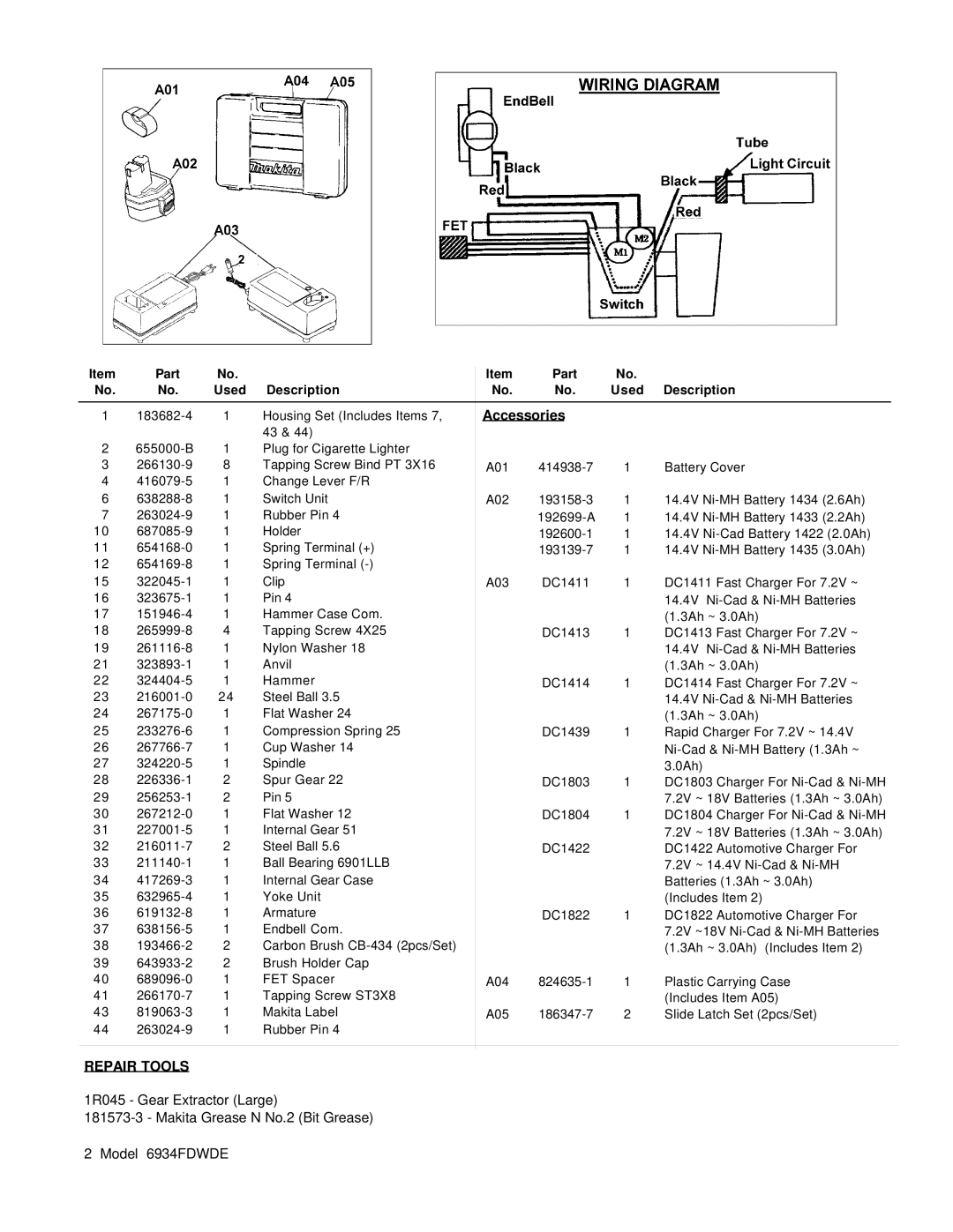 Makita 6934FDWDE manual Accessories 