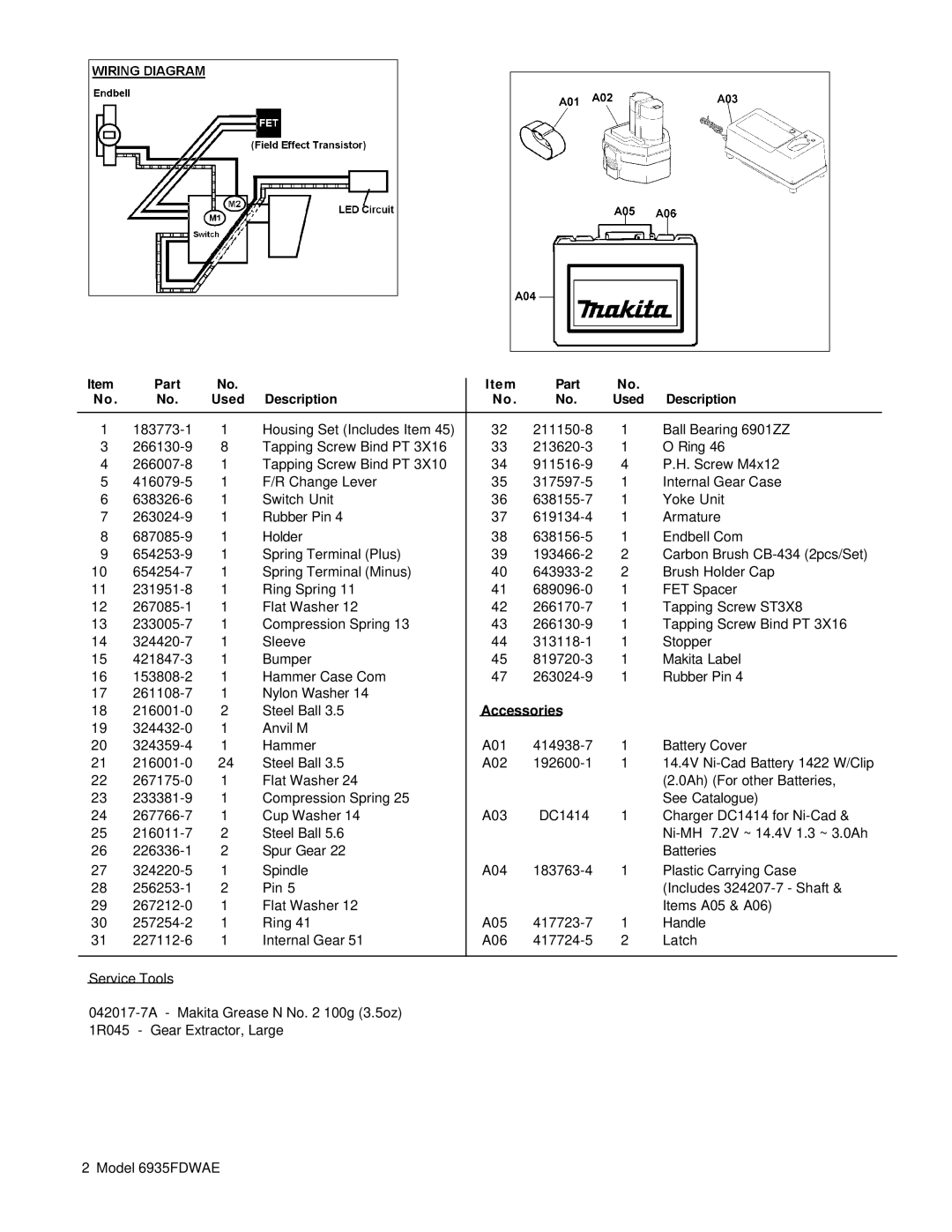 Makita 6935FDWAE manual Accessories 