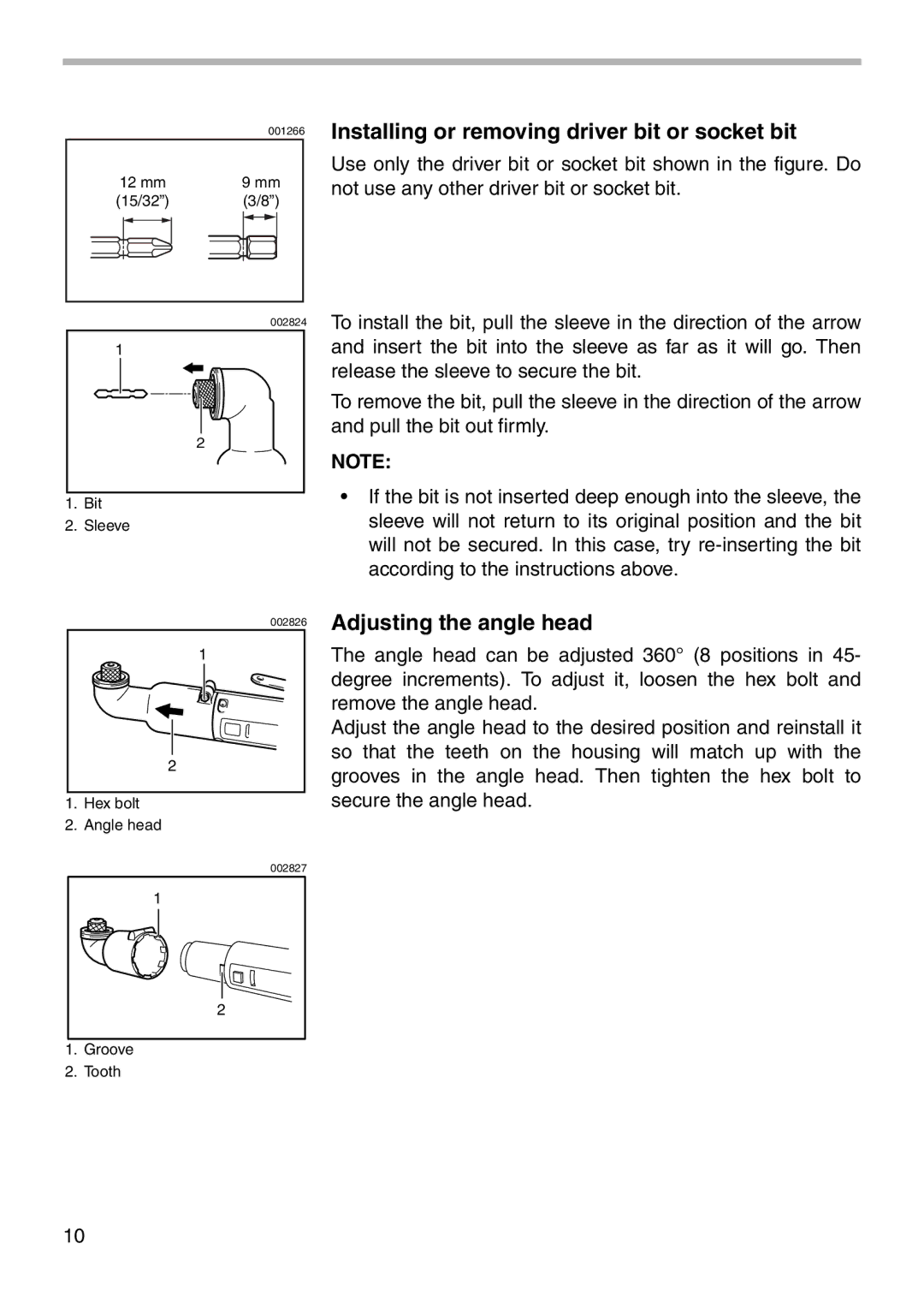 Makita 6940D instruction manual Installing or removing driver bit or socket bit, Adjusting the angle head 