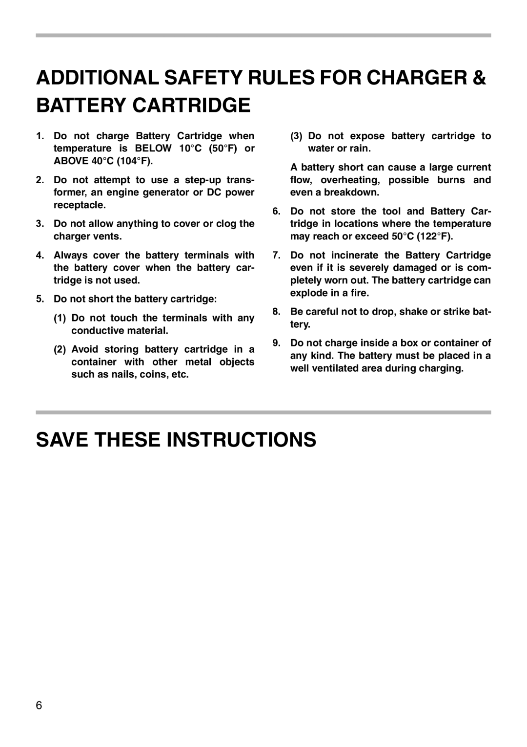 Makita 6940D instruction manual Additional Safety Rules for Charger Battery Cartridge 