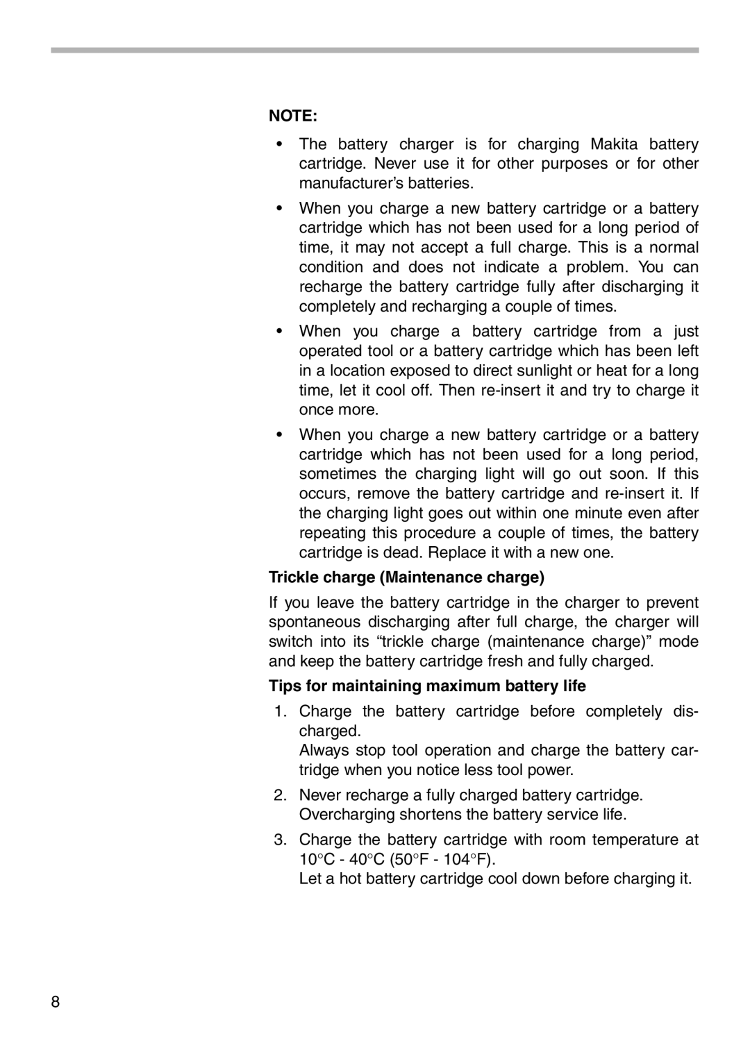 Makita 6940D instruction manual Trickle charge Maintenance charge 