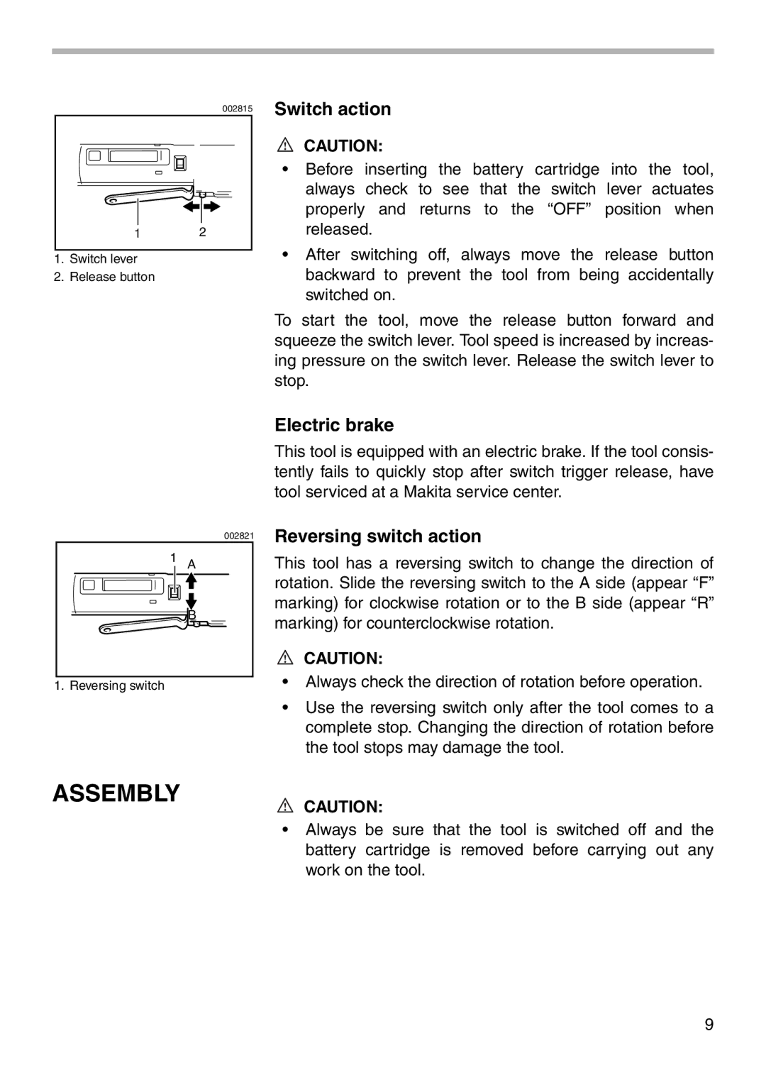 Makita 6940D instruction manual Assembly, Switch action, Electric brake, Reversing switch action 