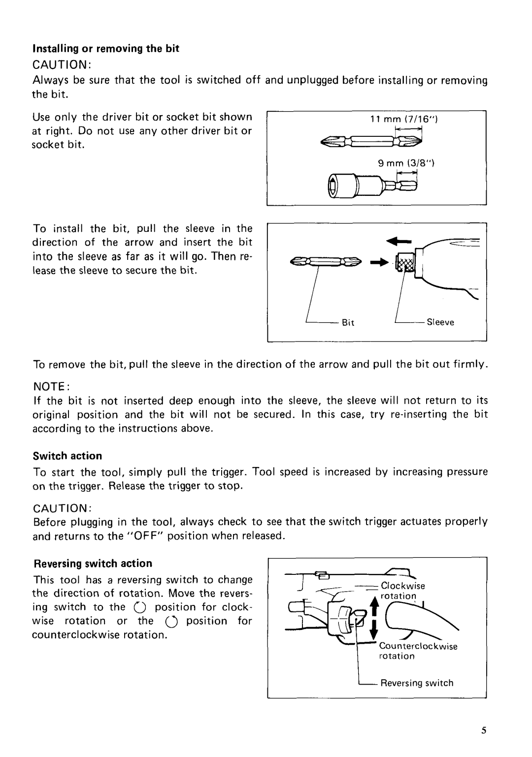 Makita 6950 instruction manual Installing or removing the bit, Switch action, Reversing switch action 