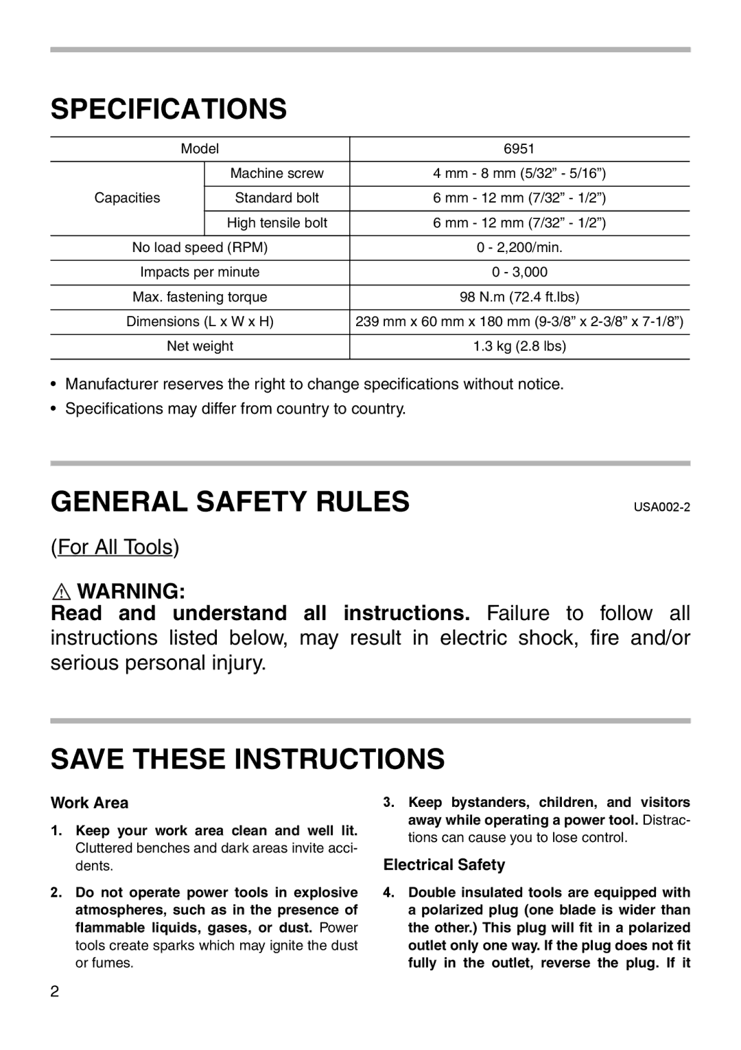 Makita 6951 instruction manual Specifications 