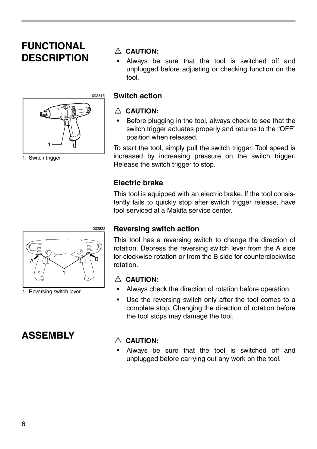 Makita 6951 instruction manual Functional Description, Assembly 