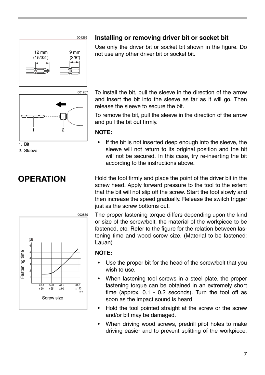 Makita 6951 instruction manual Operation, Installing or removing driver bit or socket bit 