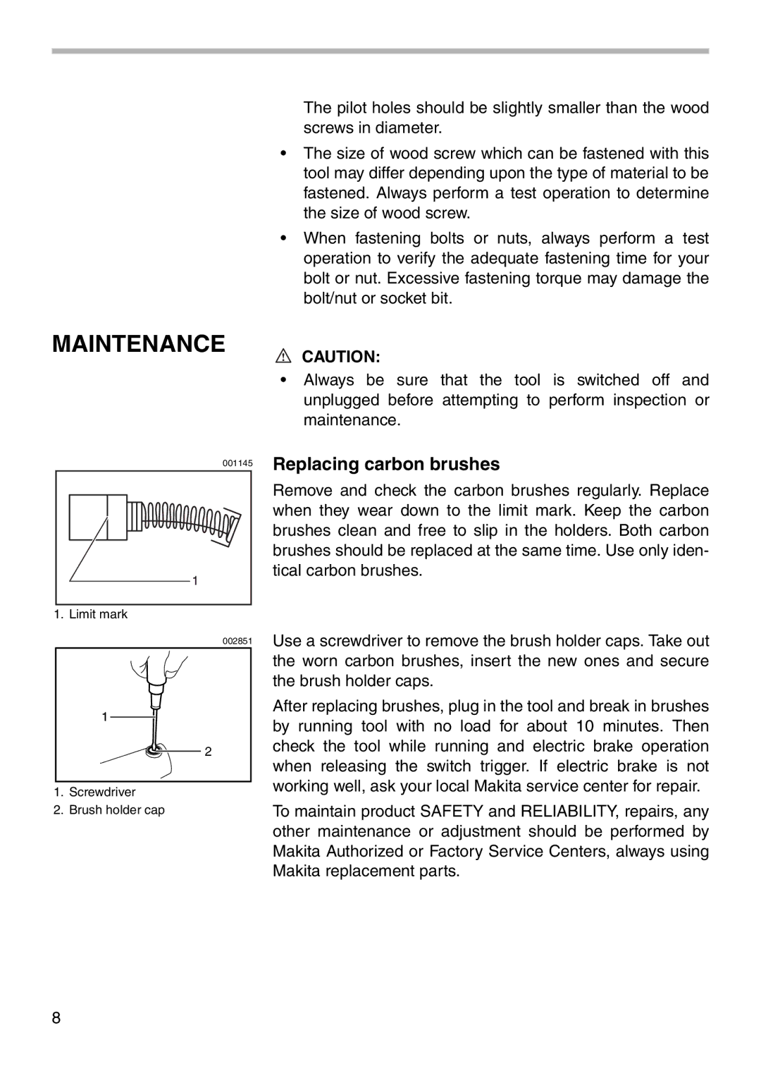 Makita 6951 instruction manual Maintenance, Replacing carbon brushes 