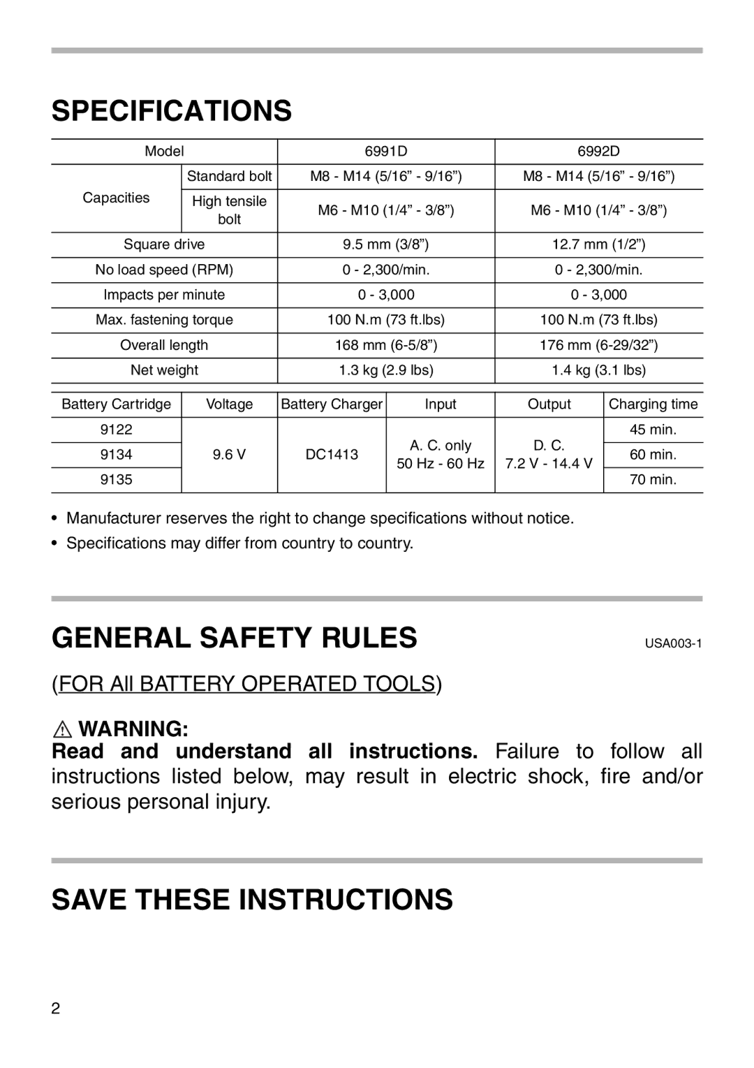 Makita 6991D, 6992D instruction manual Specifications, General Safety Rules 