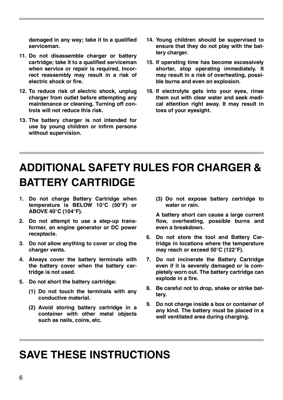 Makita 6991D, 6992D instruction manual Additional Safety Rules for Charger Battery Cartridge 