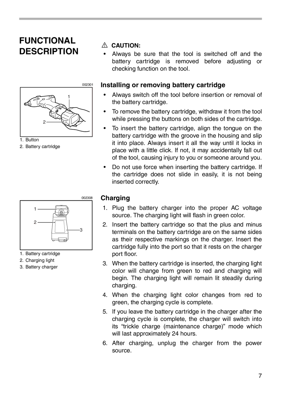 Makita 6992D, 6991D instruction manual Functional Description, Installing or removing battery cartridge, Charging 