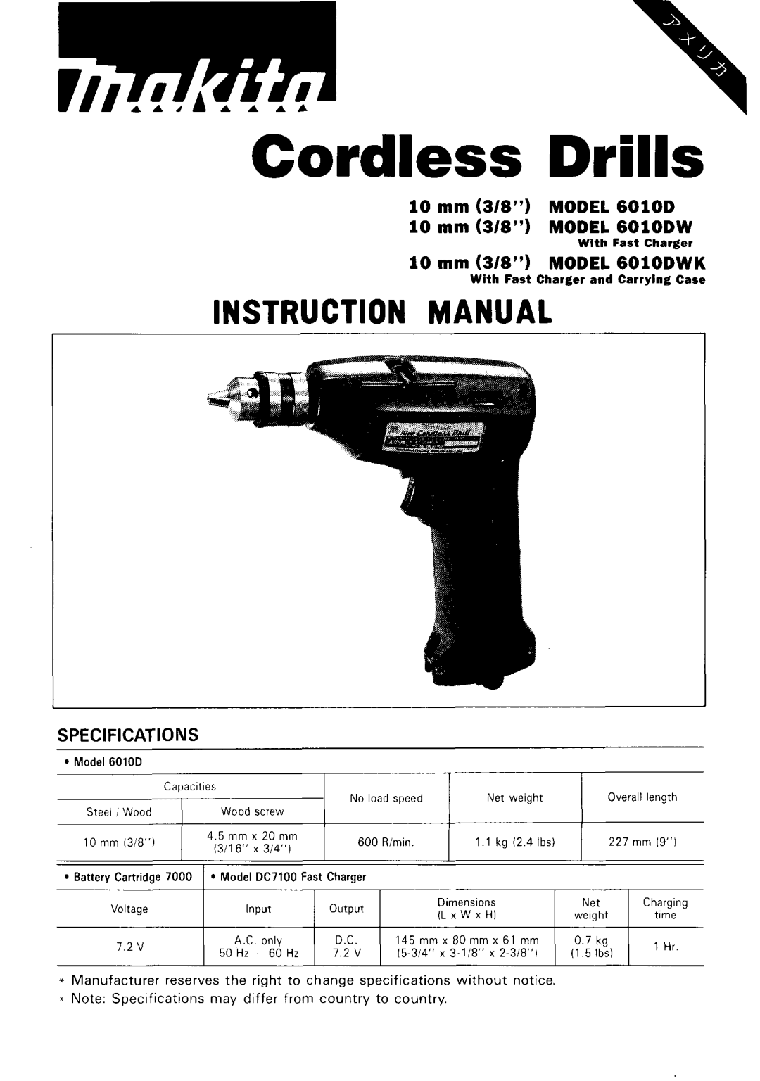 Makita 6OLODWK instruction manual 10 mm 318 Model 6 0 1 0 D 10 mm 318 Model 6OlODW, 10 mm 318 Model 6OlODWK 