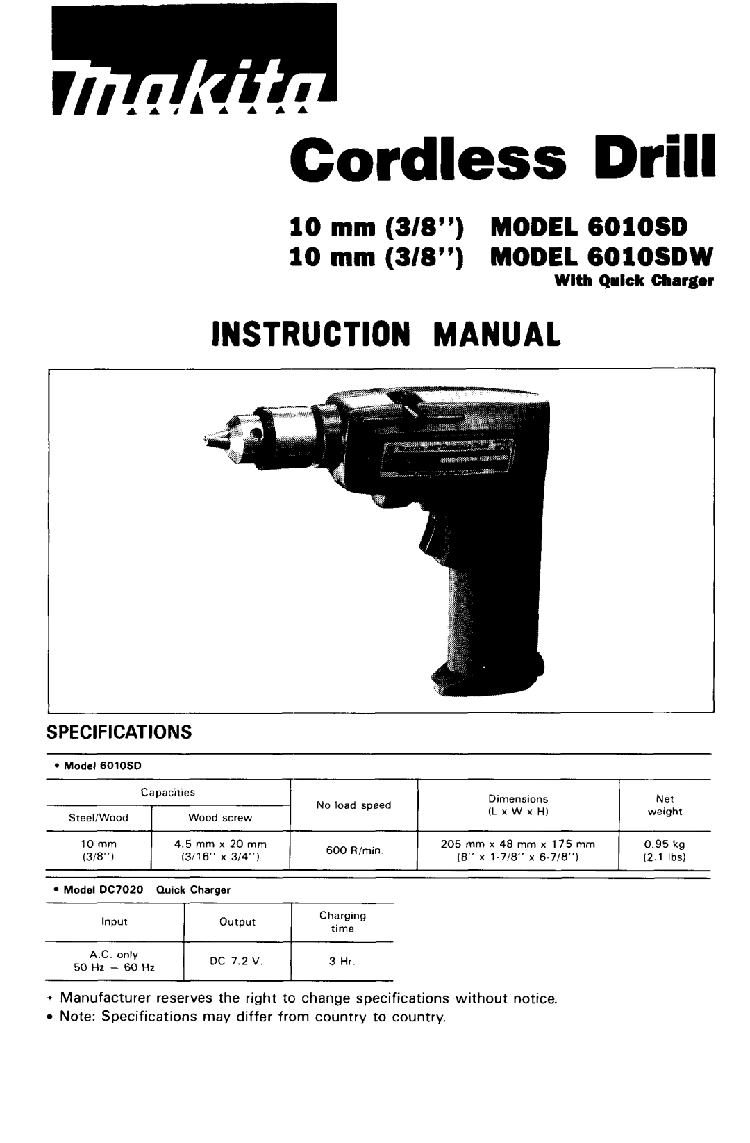 Makita 6OLOSDW instruction manual Cordless Drill 