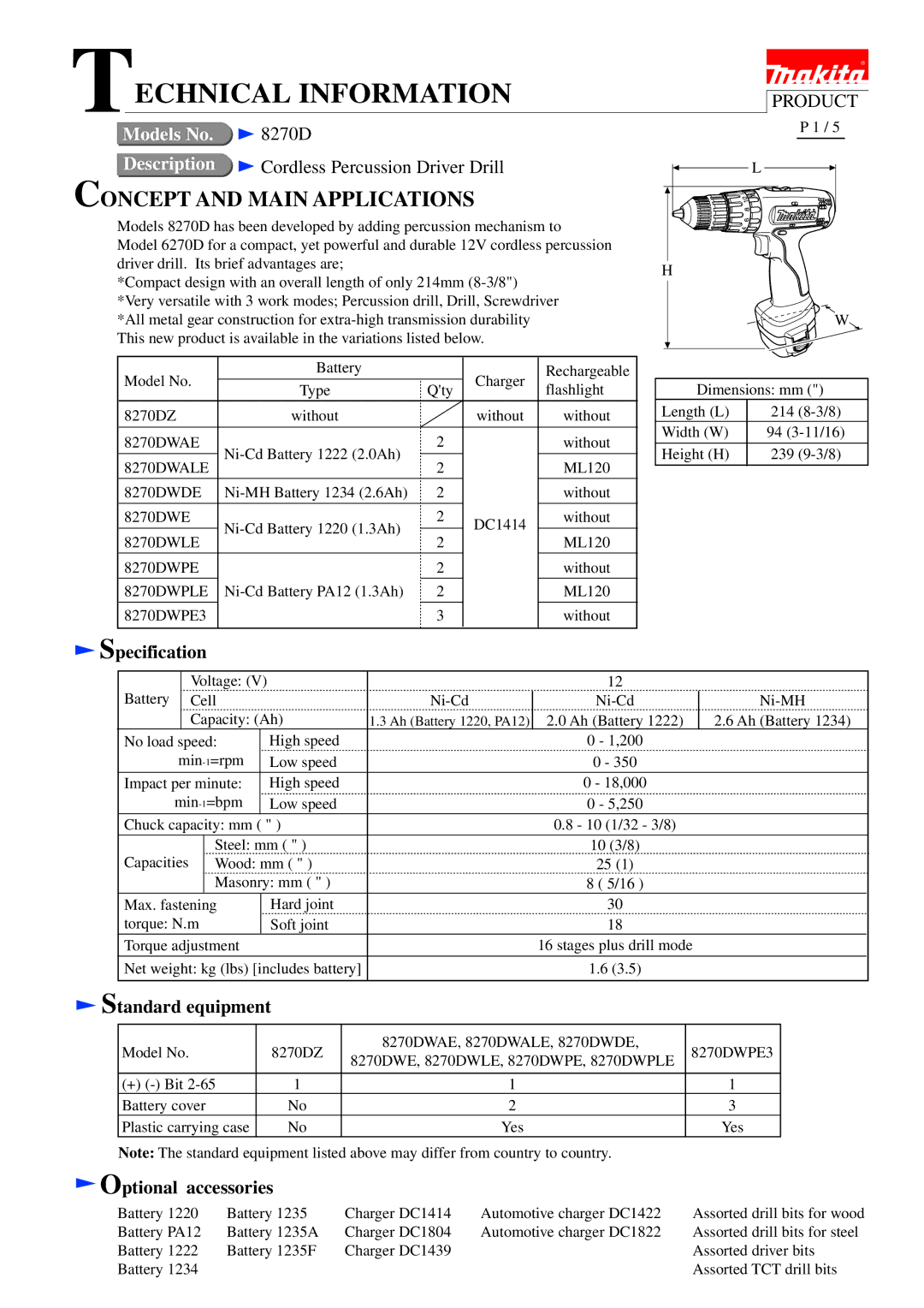 Makita specifications Standard equipment, Optional accessories, 8270DWALE, 8270DWPLE 