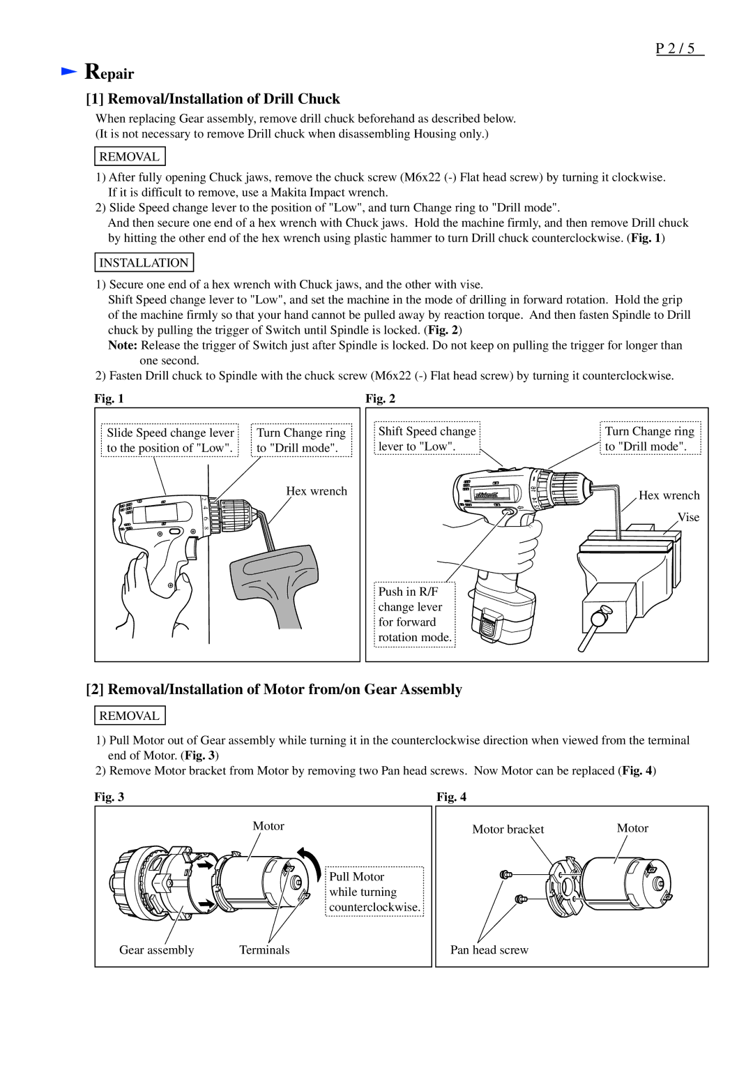 Makita 8270D specifications Repair Removal/Installation of Drill Chuck, Removal/Installation of Motor from/on Gear Assembly 