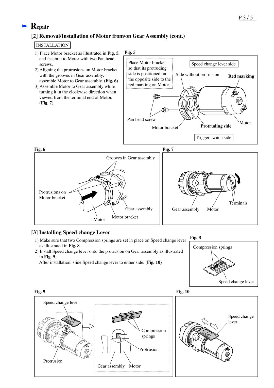 Makita 8270D Repair Removal/Installation of Motor from/on Gear Assembly, Installing Speed change Lever, Protruding side 