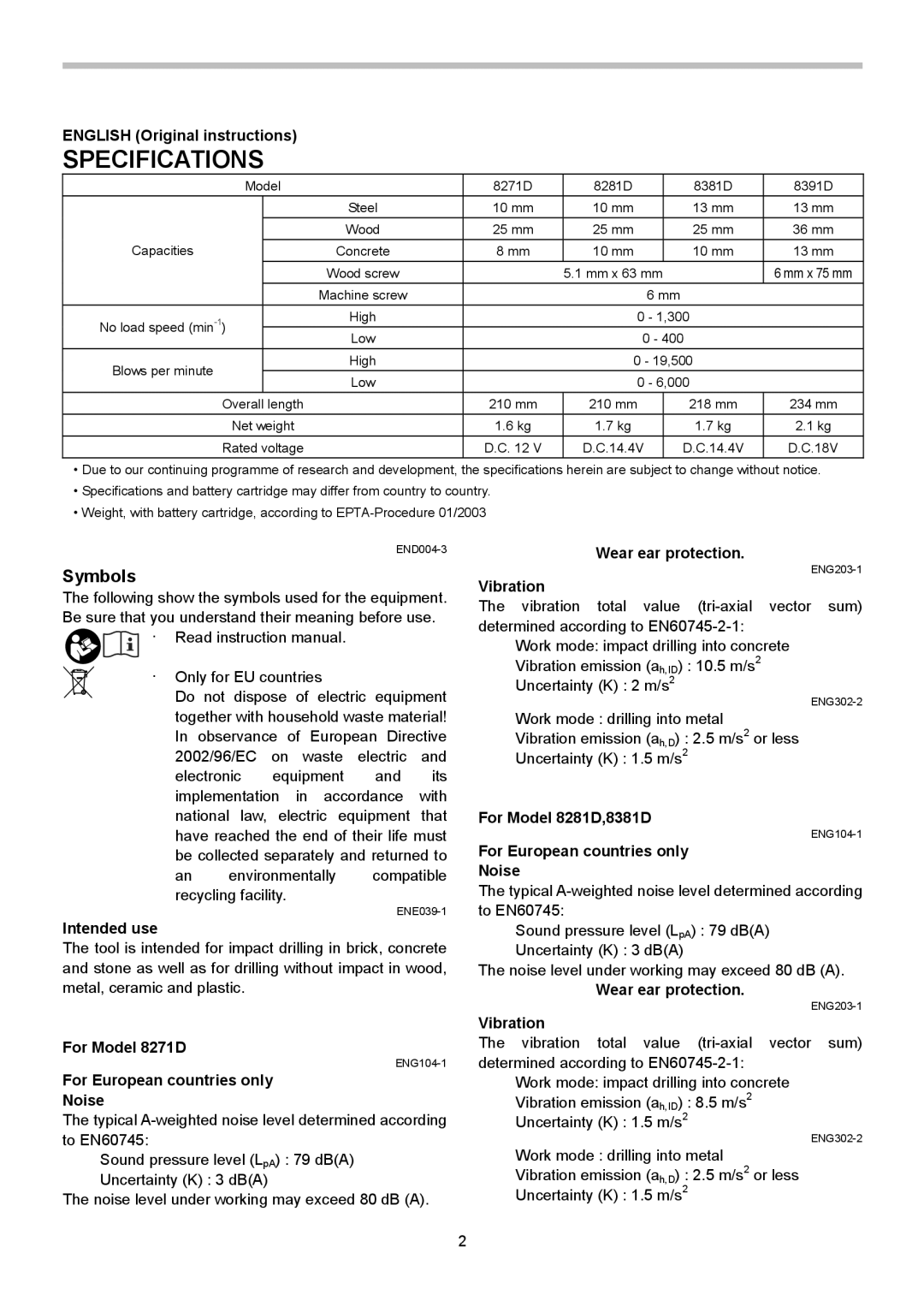 Makita 8271D, 8381D, 8391D, 8281D instruction manual Specifications, Symbols 