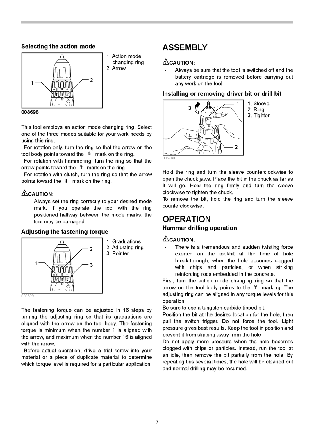 Makita 8281D, 8381D, 8391D, 8271D instruction manual Assembly, Operation 