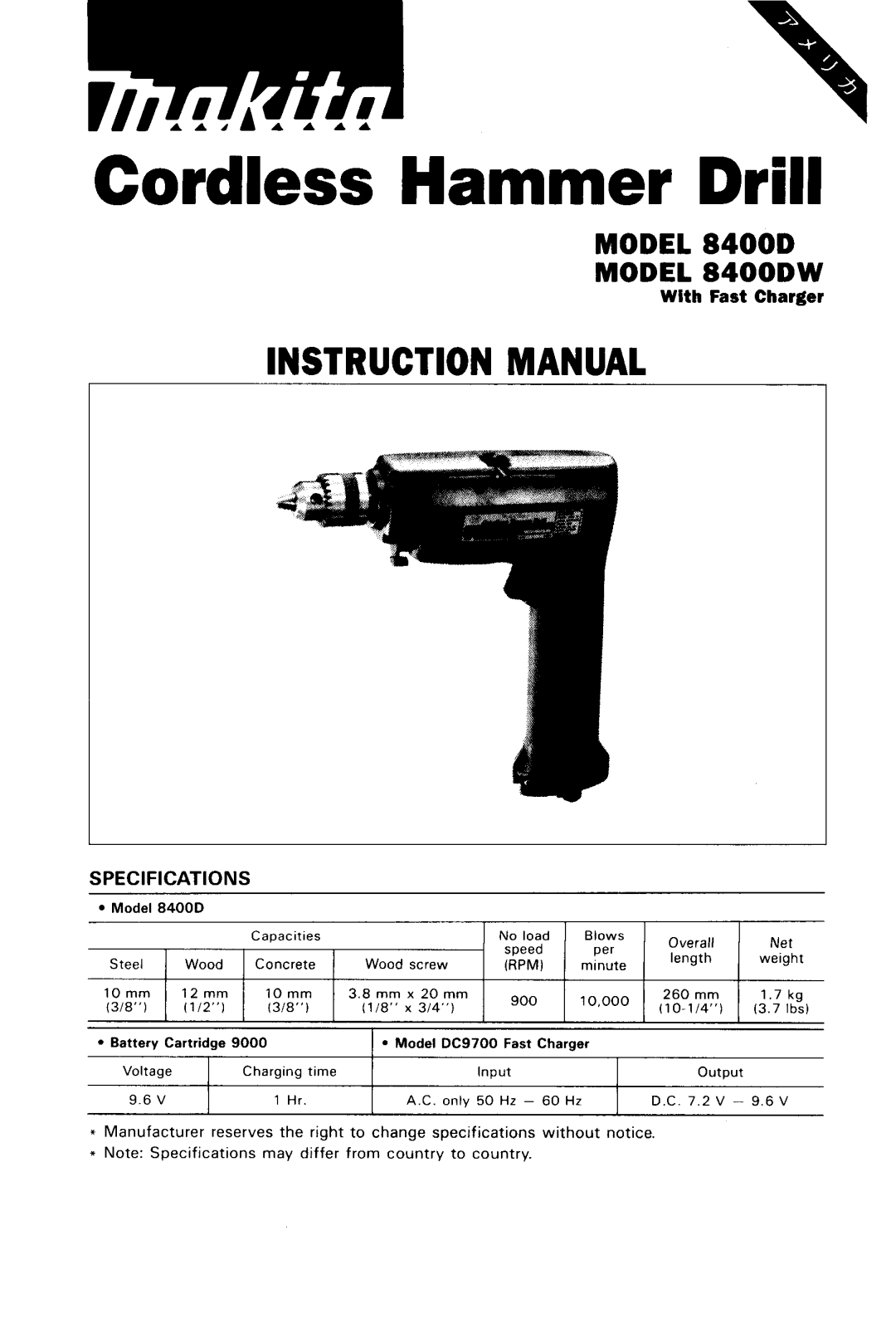 Makita 8400DW instruction manual Model 