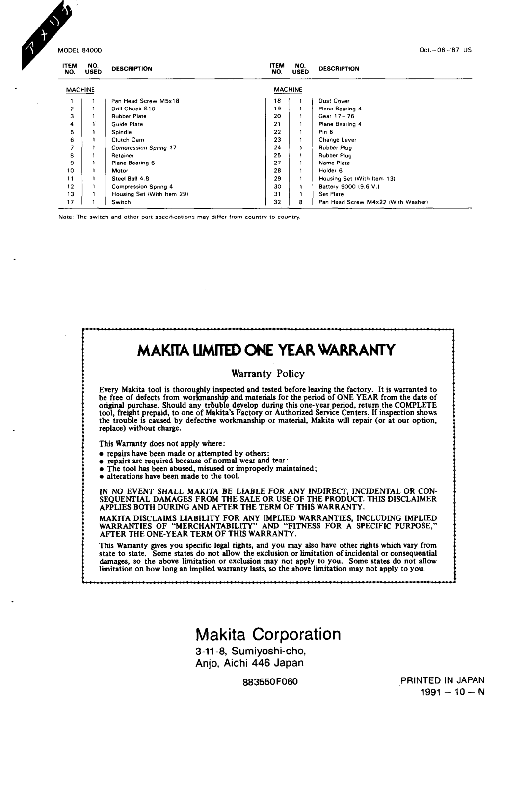 Makita 8400DW instruction manual MAKmA Limited ONE Year Warranty 